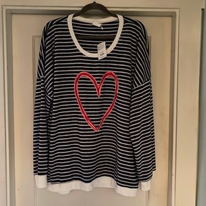 NWT Suzanne Betro Navy, Long Sleeve Striped Round Neck Top with Heart, Sz 3x